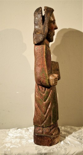 Antiquités - Saint Jean l'évangéliste en bois de noyer polychromé, fin du XIIIe
